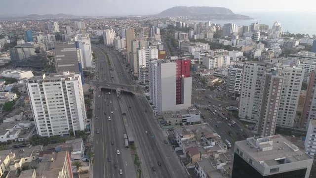 Left Travelling Aerial drone View Miraflores, Lima, Peru