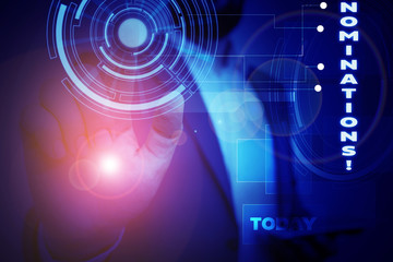 Word writing text Nominations. Business photo showcasing action of nominating or state being nominated for prize Male human wear formal work suit presenting presentation using smart device