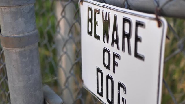Beware Of Dog Sign On Chainlink Fence With Dog In Background Jumping And Shaking Fence Close Up