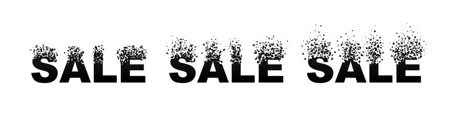 set of exploding text SALE with debris. Isolated black inscription on white background. Concept, template for sale. 3d effect of particles. Vector illustration EPS 10