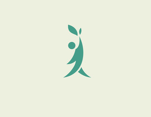 Creative bright green abstract logo icon image of a man with a raised hand and a leaf of a plant