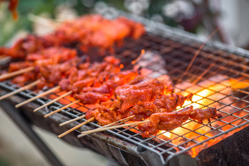 The blurred background of grilling chicken on a charcoal grill, with the heat of the flame from the oil of the meat, spreading smoke and a fragrant flavor from the food smell.