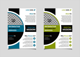 Business flyer template vector design, A4 brochure template blue and lime geometry shapes used for business poster layout, IT Company flyer, corporate banners, and leaflets
