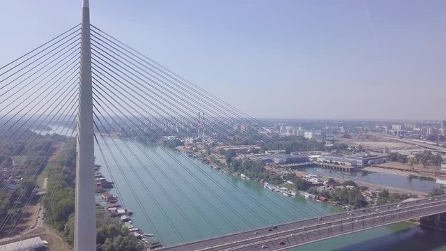 Beautiful slow 4k panorama of New Belgrade and Ada bridge in Belgrade