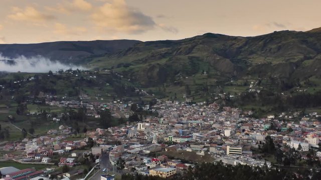 Aerial view of El Tambo town in the Andes from drone flying over