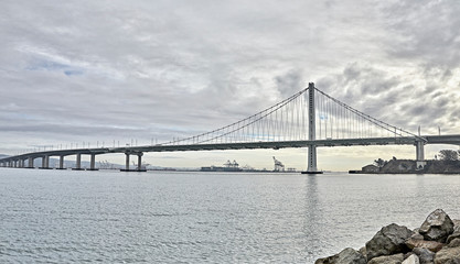 Oakland Bay Bridge from shore across bay
