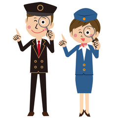 ポップなパイロットとキャビンアテンダントor運転手とバスガイドが拡大して指差し