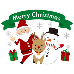 クリスマス　サンタとトナカイと雪だるま