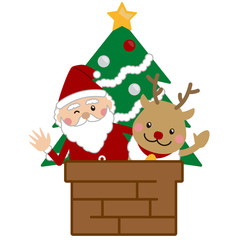 クリスマス　サンタクロースとトナカイとクリスマスツリー