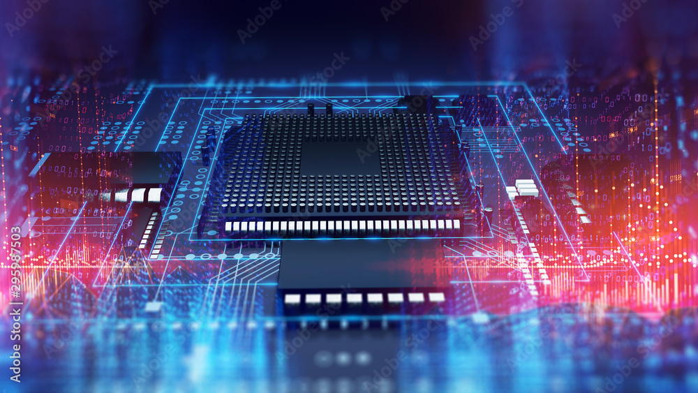 Poster 3d rendering  of futuristic blue circuit board and cpu