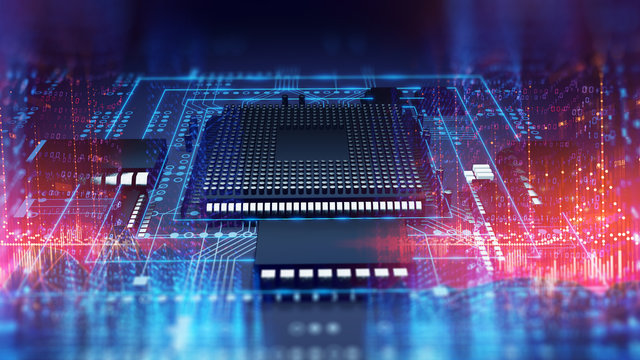 3d rendering  of futuristic blue circuit board and cpu