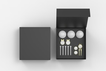 Blank golf accessory gift set box for branding. 3d render illustration.