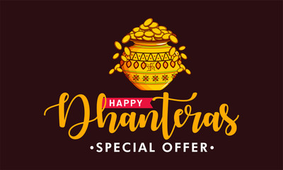 festival of Indian Dhanteras celebration. Use as banner, logo design etc. Happy Dhanteras sale special offer.