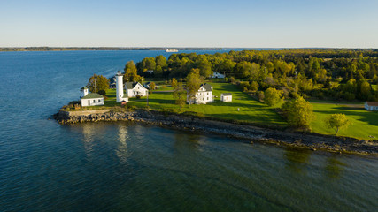 Aerial View Tibbetts Point Lighthouse Shores of  Lake Ontario in New York State