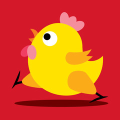 Cartoon cute rooster chicken running, red background, vector character