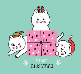 Cartoon cute Christmas  cats and gift vector.