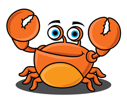 Cartoon character cute seafood crab raising up claws and smile. Vector mascot illustration.