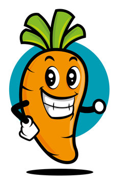 Cartoon smiling carrot mascot character waving for greeting. Vector illustration. Blue circle background.