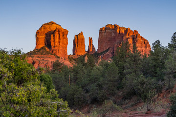 Cathedral Rock red sandstone butte formation in Sedona at sunset
