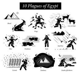 The Ten Plagues of Egypt icons and pictogram. Moses God punishments are river blood, frogs, lice or gnat, flies, pestilence, boils hail fire thunderstorm, locusts, darkness, and death of firstborn.