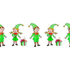 Christmas elves are standing in line. Ornament to decorate the edges. Hand-drawn. Isolated on white background