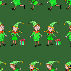 Fototapeta premium Seamless pattern with Christmas elfes, gift boxes on dark green background. New year and Xmas backgrounds and texture. Christmas elves at work. Seamless pattern for greeting cards, paper, fabric,print