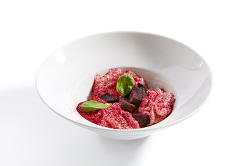 Baked beet and goat cheese espuma appetizer closeup