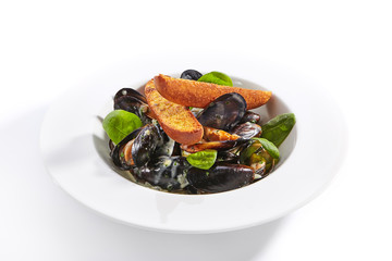 Mussel in white wine sauce closeup