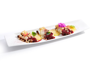 Beetroot carpaccio with stracciatella cheese close up