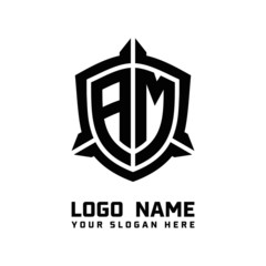 initial AM letter with shield style logo template vector. shield shape black monogram logo