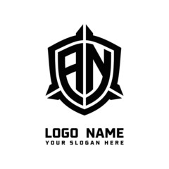 initial AN letter with shield style logo template vector. shield shape black monogram logo