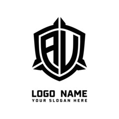 initial AU, AV letter with shield style logo template vector. shield shape black monogram logo