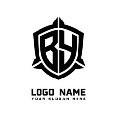 initial BY letter with shield style logo template vector. shield shape black monogram logo