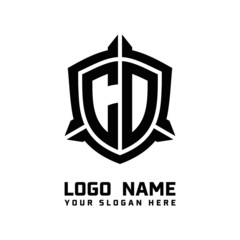 initial CD letter with shield style logo template vector. shield shape black monogram logo