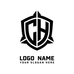 initial CH letter with shield style logo template vector. shield shape black monogram logo