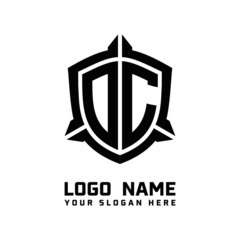 initial DC letter with shield style logo template vector. shield shape black monogram logo