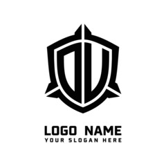initial DU, DV letter with shield style logo template vector. shield shape black monogram logo
