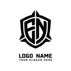 initial EN letter with shield style logo template vector. shield shape black monogram logo