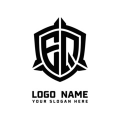 initial EQ letter with shield style logo template vector. shield shape black monogram logo
