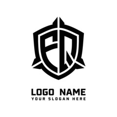initial FQ letter with shield style logo template vector. shield shape black monogram logo