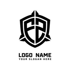 initial FZ letter with shield style logo template vector. shield shape black monogram logo