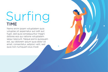 Surfing girl on a beach illustration for landing page, ui ux design, web design, cover book, banner, social media concept