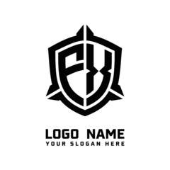 initial FX letter with shield style logo template vector. shield shape black monogram logo