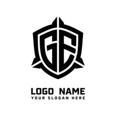 initial GE letter with shield style logo template vector. shield shape black monogram logo