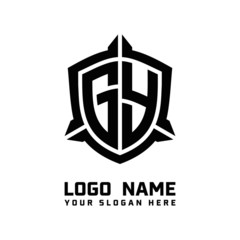 initial GY letter with shield style logo template vector. shield shape black monogram logo