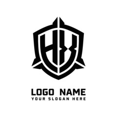 initial HX letter with shield style logo template vector. shield shape black monogram logo