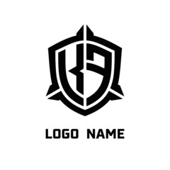 initial KF letter with shield style logo template vector. shield shape black monogram logo