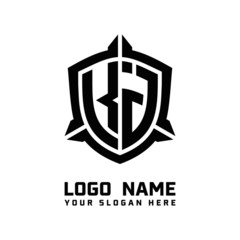 initial KJ letter with shield style logo template vector. shield shape black monogram logo