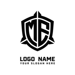 initial ME letter with shield style logo template vector. shield shape black monogram logo