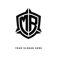 initial MR letter with shield style logo template vector. shield shape black monogram logo